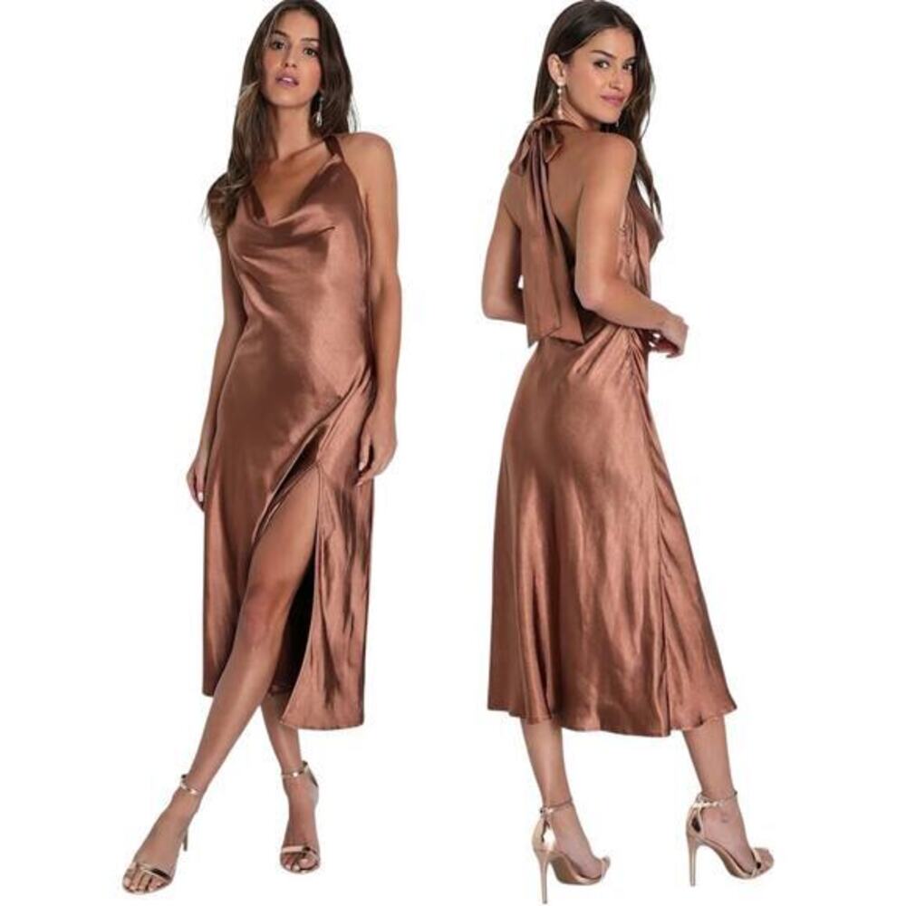 Lulus Sophisticated Impression Brown Satin Backless Cowl Midi Dress size L NWT